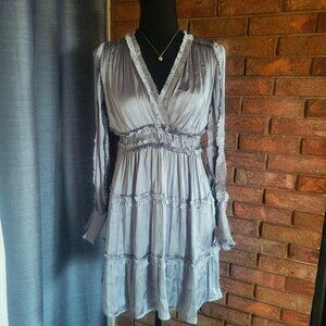 O.P.T Tiered Ruffled Rouched Silvery Teal Long Sleeve Mini V-Neck Dress - Sz S